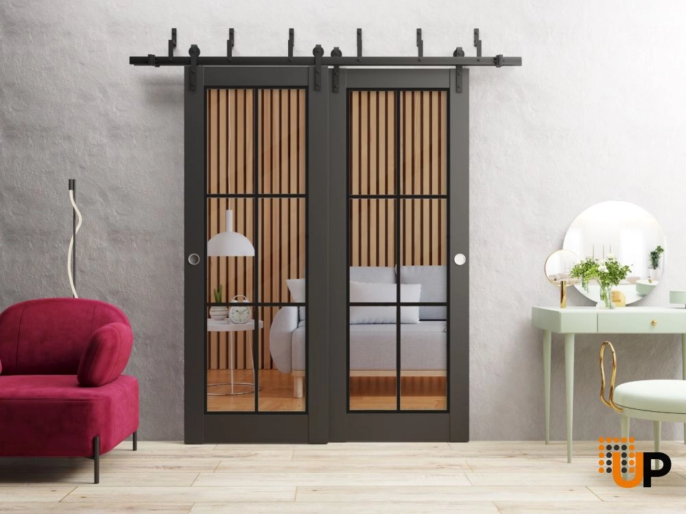 Double solid core sliding luxury interior barn bypass door with clear glass | Lucia 2366 Black Matte | 36 x 80 (2* 18x80) photo#2
