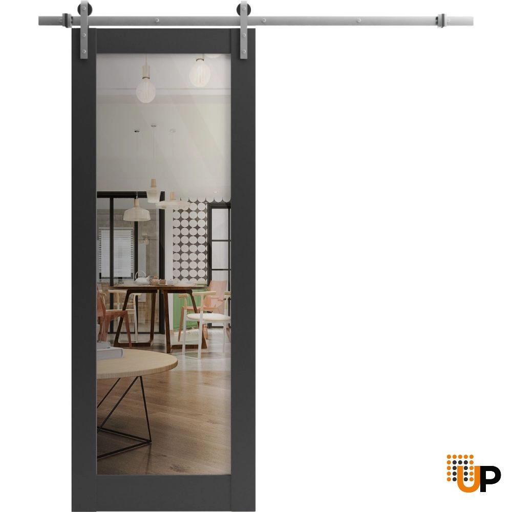 Single solid core sliding luxury interior barn door with clear glass | Lucia 2166 Black Matte | 18 x 80 photo#1