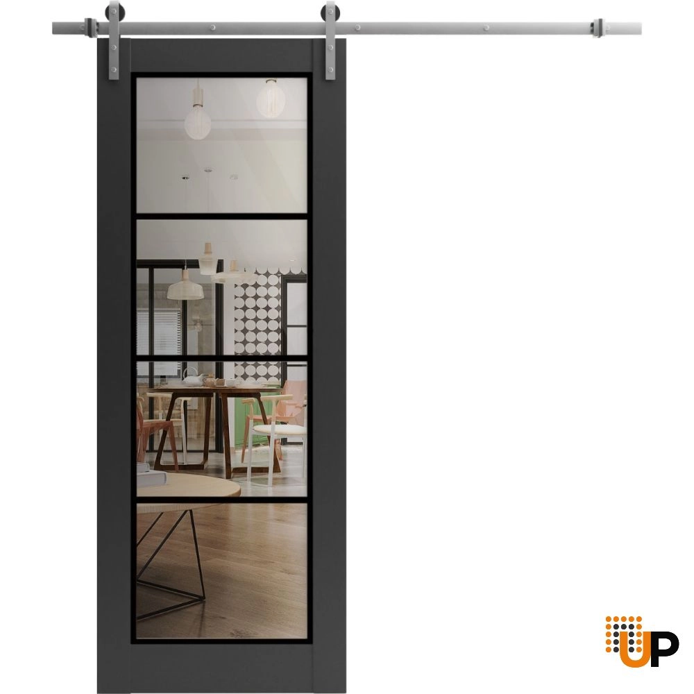 Single solid core sliding luxury interior barn door with clear glass | Lucia 2466 Black Matte | 18 x 80 photo#1