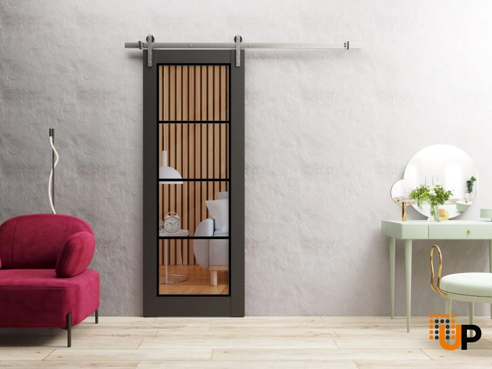 Single solid core sliding luxury interior barn door with clear glass | Lucia 2466 Black Matte | 18 x 80 photo#2