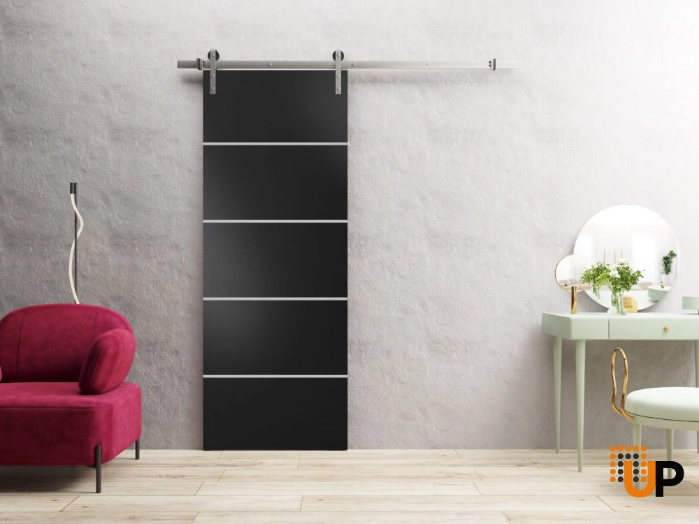 Single solid wood with honeycomb sliding modern interior barn door | Planum 0210 Black Matte | 18 x 80 photo#2