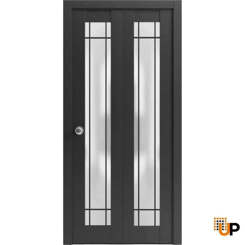 2 folding panels solid core sliding french interior bi-fold door with frosted glass | Planum 2112 Black Matte | 36 x 80 (2* 18x80) photo#1