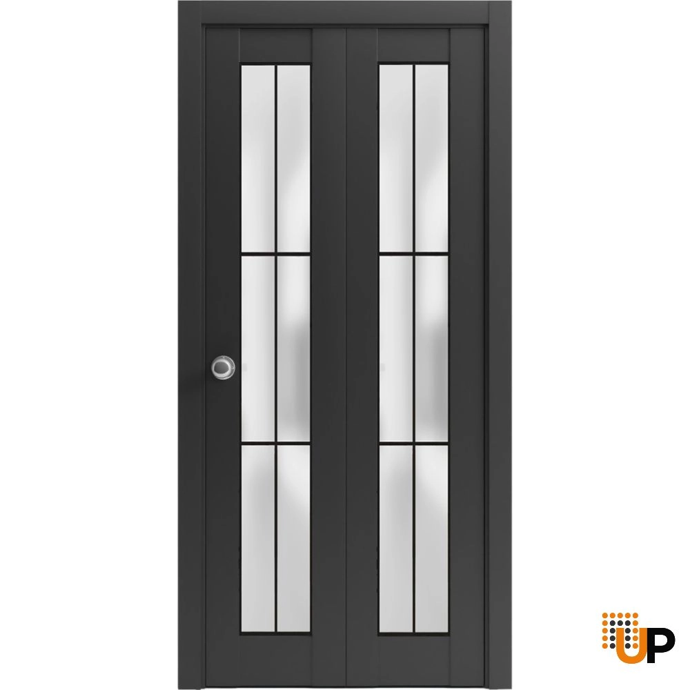 2 folding panels solid core sliding french interior bi-fold door with frosted glass | Planum 2122 Black Matte | 36 x 80 (2* 18x80) photo#1