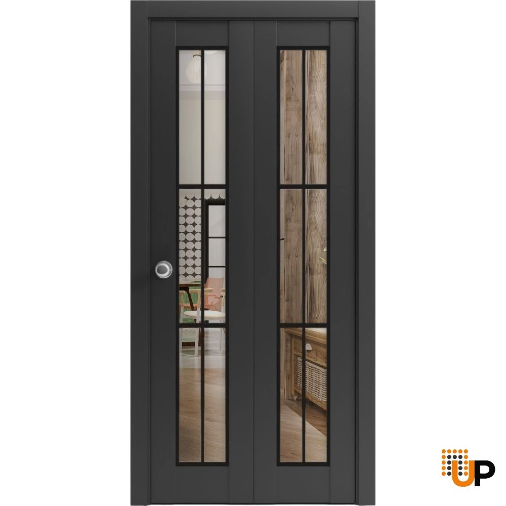 2 folding panels solid core sliding french interior bi-fold door with clear glass | Lucia 2366 Black Matte | 36 x 80 (2* 18x80) photo#1