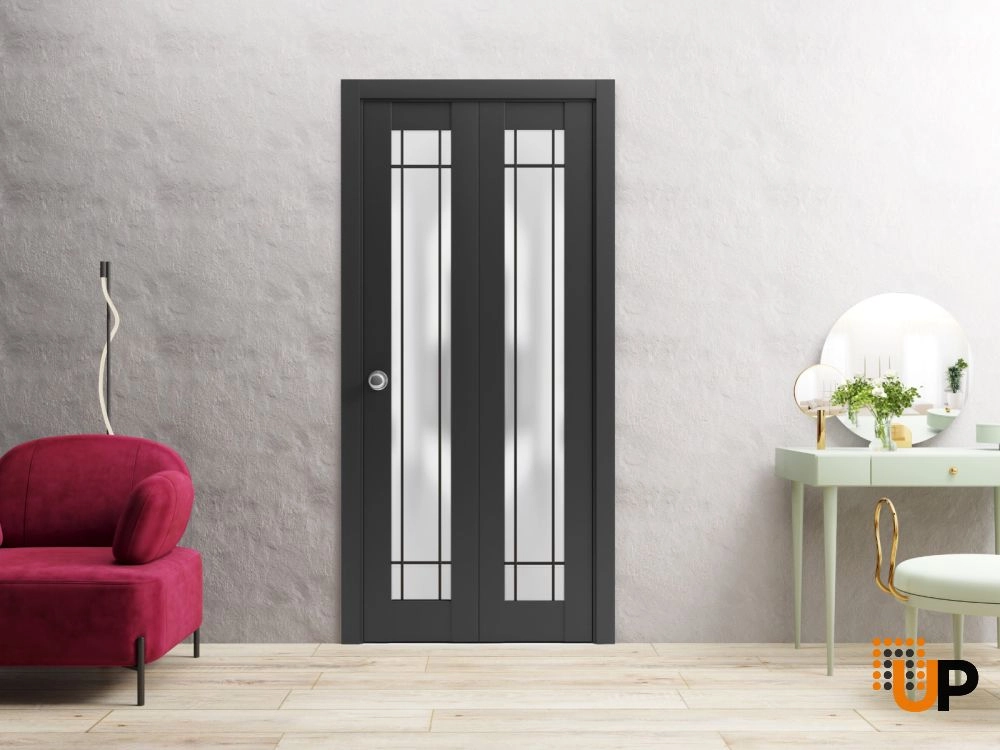 2 folding panels solid core sliding french interior bi-fold door with frosted glass | Planum 2112 Black Matte | 36 x 80 (2* 18x80) photo#2