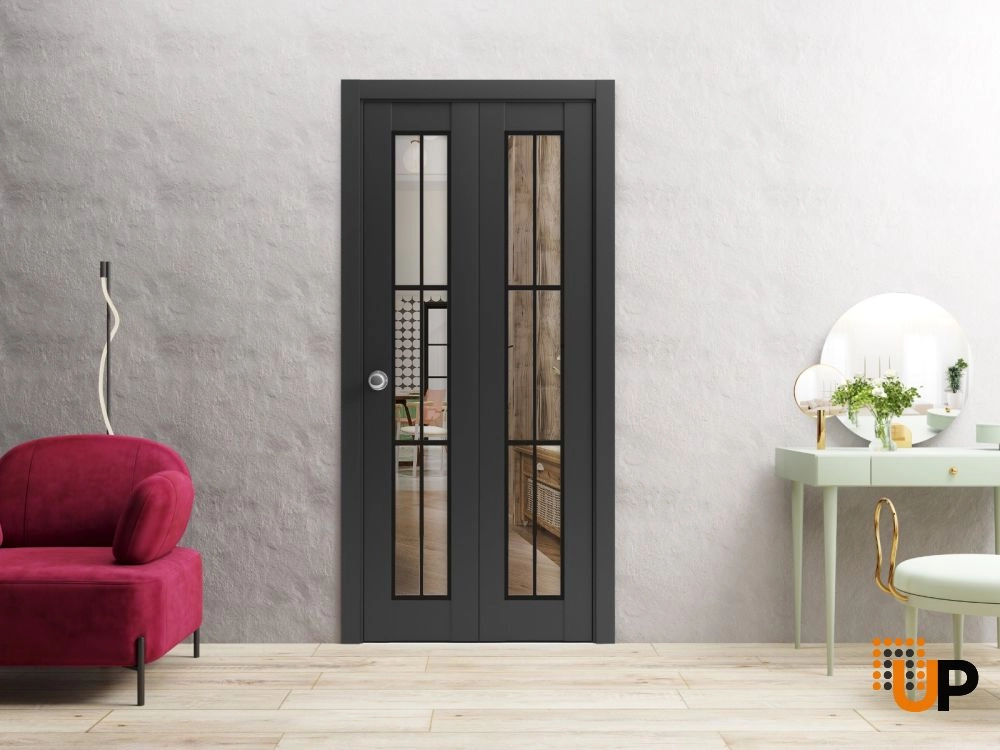 2 folding panels solid core sliding french interior bi-fold door with clear glass | Lucia 2366 Black Matte | 36 x 80 (2* 18x80) photo#2