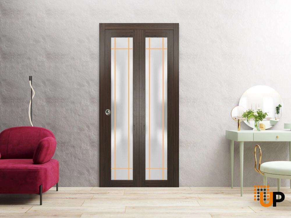 2 folding panels solid core sliding french interior bi-fold door with frosted glass | Planum 2113 Chocolate Ash | 36 x 80 (2* 18x80) photo#2