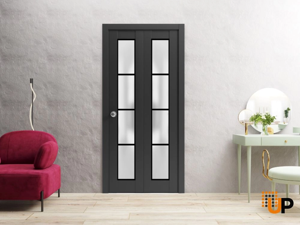 2 folding panels solid core sliding french interior bi-fold door with frosted glass | Planum 2132 Black Matte | 36 x 80 (2* 18x80) photo#2