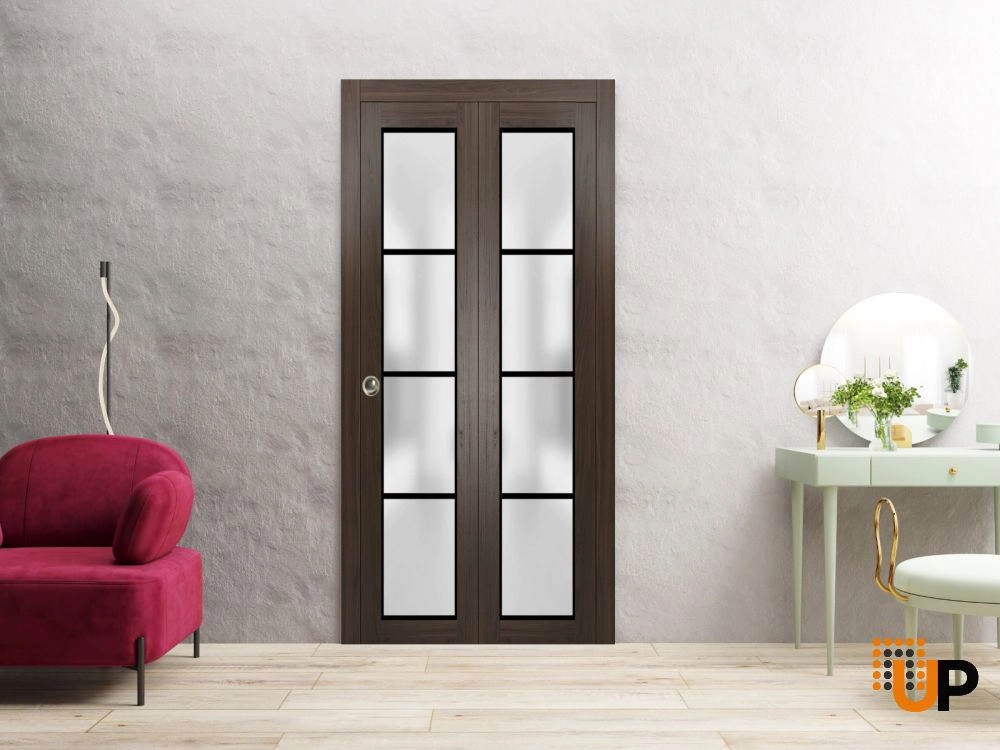 2 folding panels solid core sliding french interior bi-fold door with frosted glass | Planum 2132 Chocolate Ash | 36 x 80 (2* 18x80) photo#2