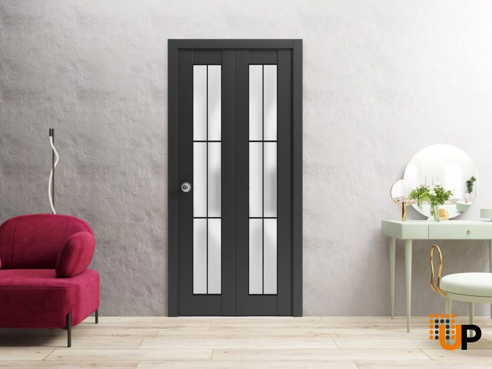 2 folding panels solid core sliding french interior bi-fold door with frosted glass | Planum 2122 Black Matte | 36 x 80 (2* 18x80) photo#2