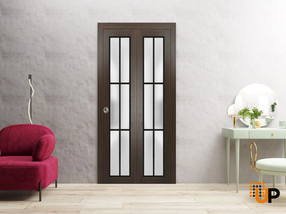 2 folding panels solid core sliding french interior bi-fold door with frosted glass | Planum 2122 Chocolate Ash | 36 x 80 (2* 18x80) photo#2
