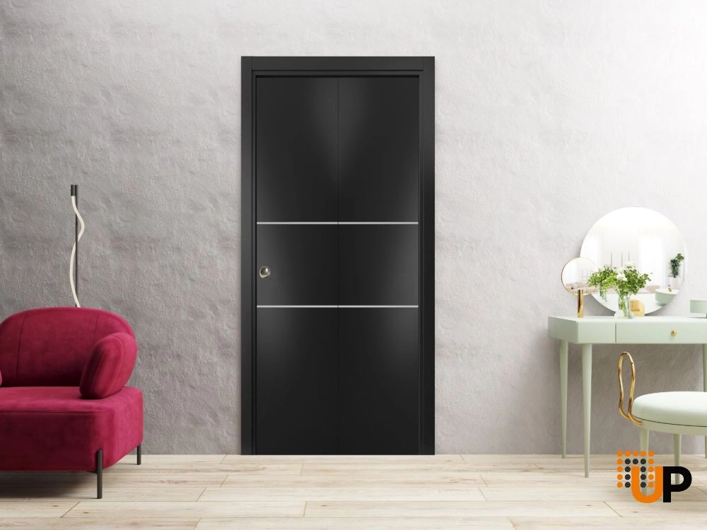 2 folding panels solid wood with honeycomb sliding modern interior bi-fold door | Planum 0110 Black Matte | 36 x 80 (2* 18x80) photo#2
