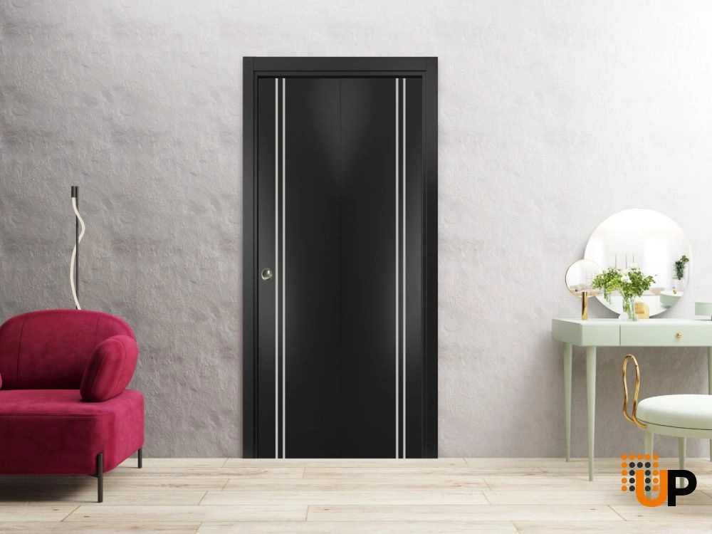 2 folding panels solid wood with honeycomb sliding modern interior bi-fold door | Planum 0310 Black Matte | 36 x 80 (2* 18x80) photo#2
