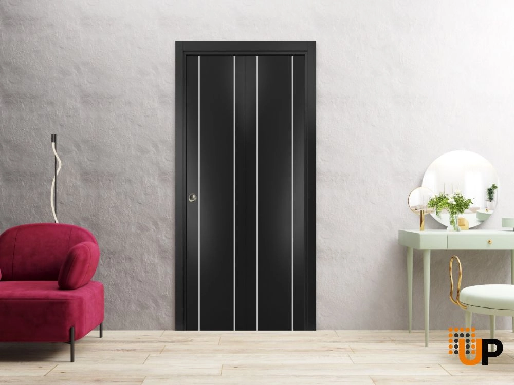 2 folding panels solid wood with honeycomb sliding modern interior bi-fold door | Planum 0410 Black Matte | 36 x 80 (2* 18x80) photo#2