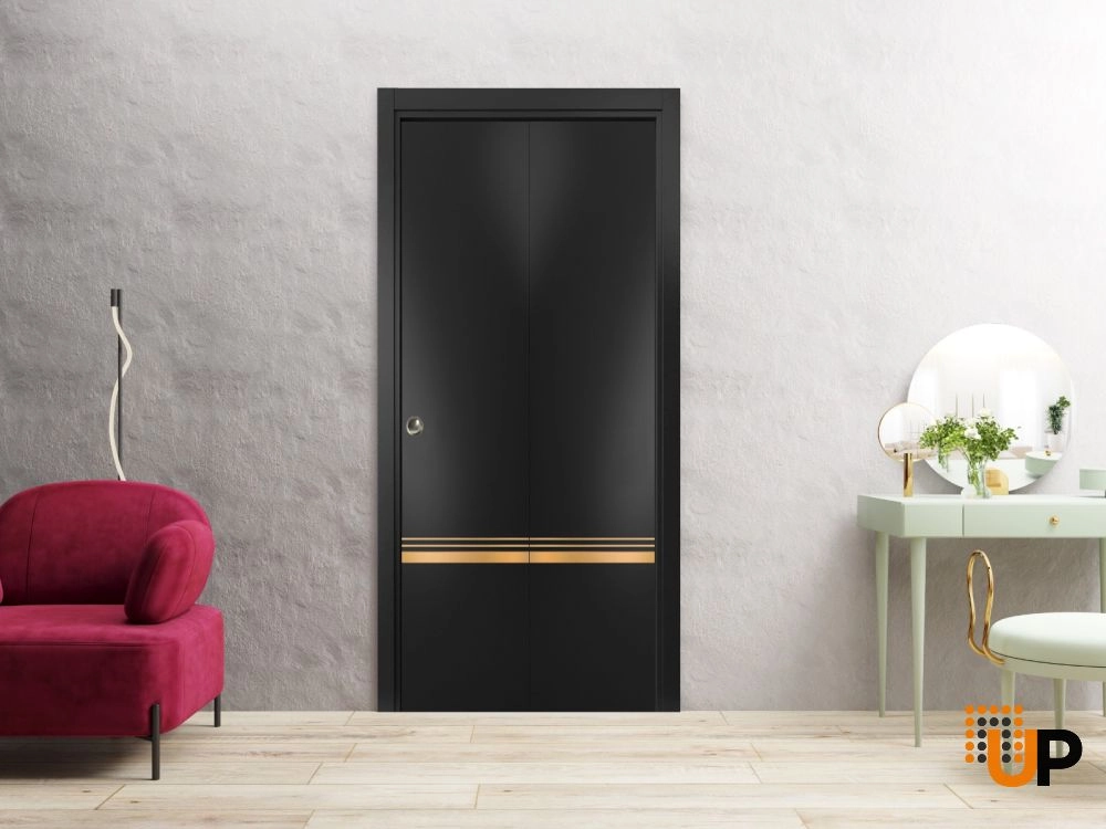 2 folding panels solid wood with honeycomb sliding modern interior bi-fold door | Planum 2010 Black Matte | 36 x 80 (2* 18x80) photo#2
