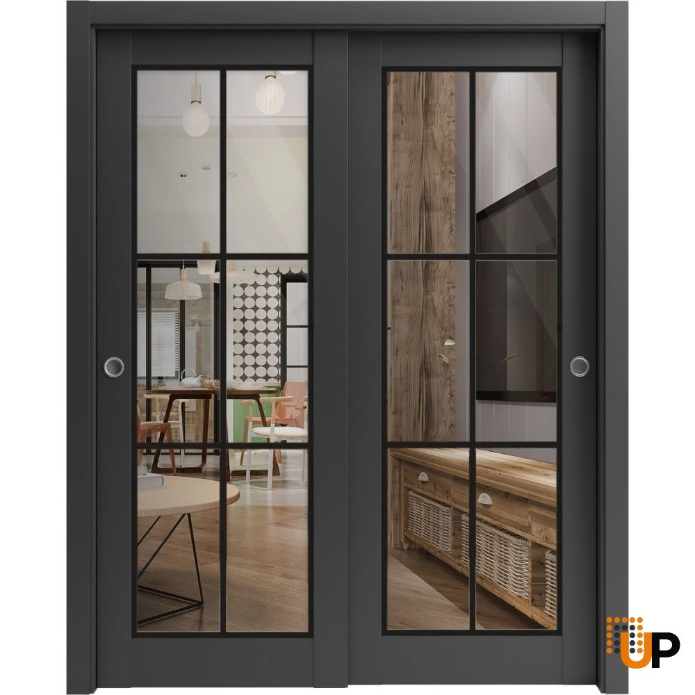 Double solid core sliding luxury interior closet bypass door with clear glass | Lucia 2366 Black Matte | 36 x 80 (2* 18x80) photo#1