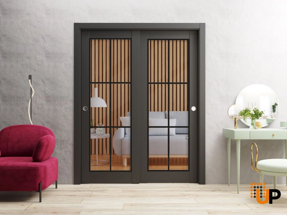 Double solid core sliding luxury interior closet bypass door with clear glass | Lucia 2366 Black Matte | 36 x 80 (2* 18x80) photo#2