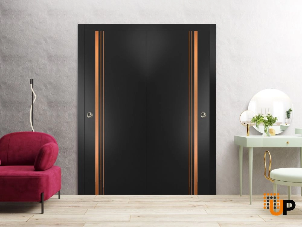 Double solid wood with honeycomb sliding modern interior closet bypass door | Planum 1010 Black Matte | 36 x 80 (2* 18x80) photo#2