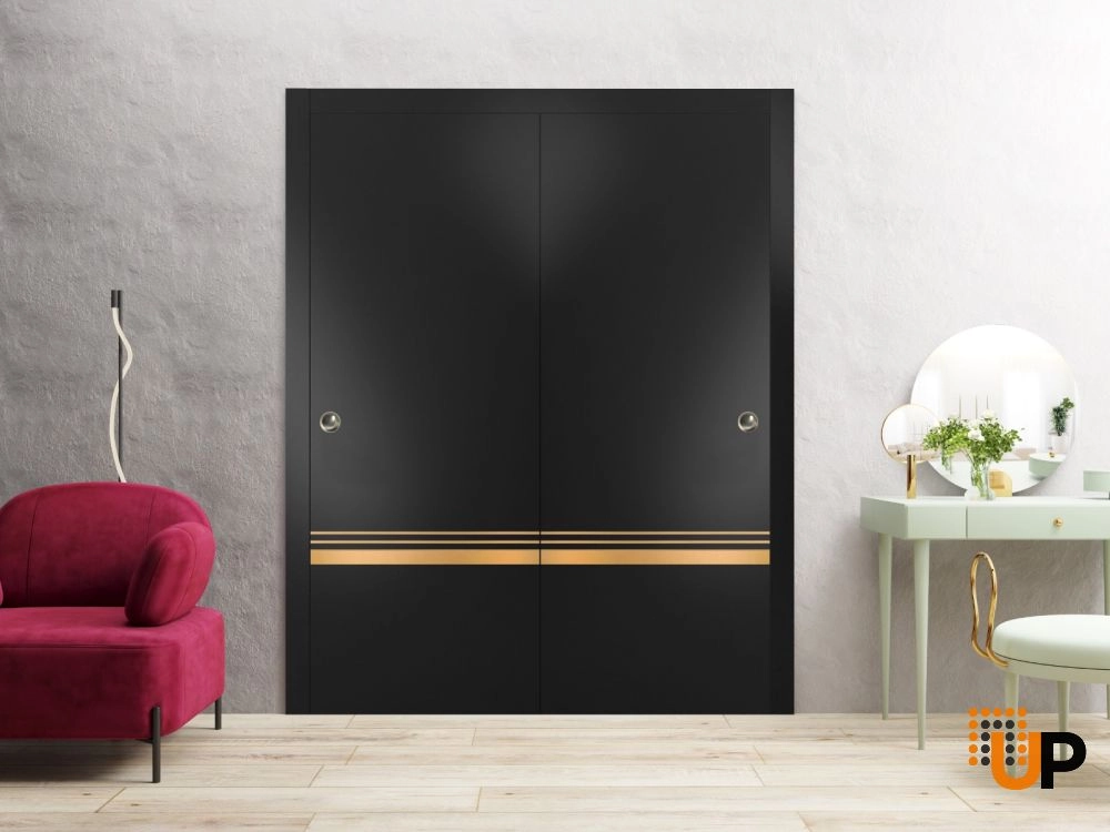 Double solid wood with honeycomb sliding modern interior closet bypass door | Planum 2010 Black Matte | 36 x 80 (2* 18x80) photo#2