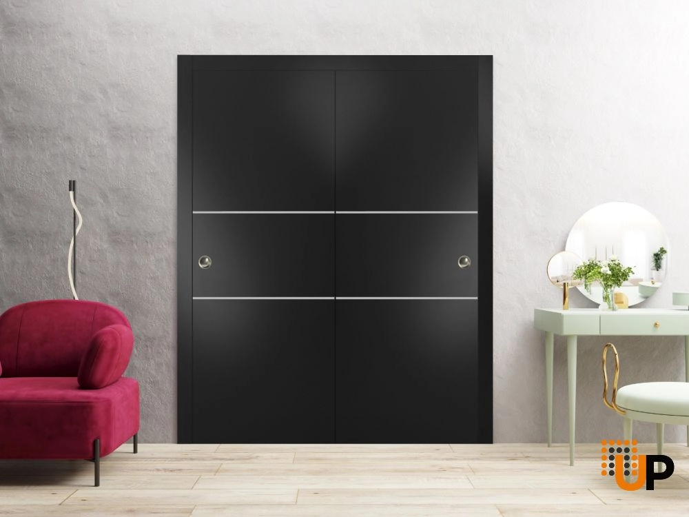Double solid wood with honeycomb sliding modern interior closet bypass door | Planum 0110 Black Matte | 36 x 80 (2* 18x80) photo#2