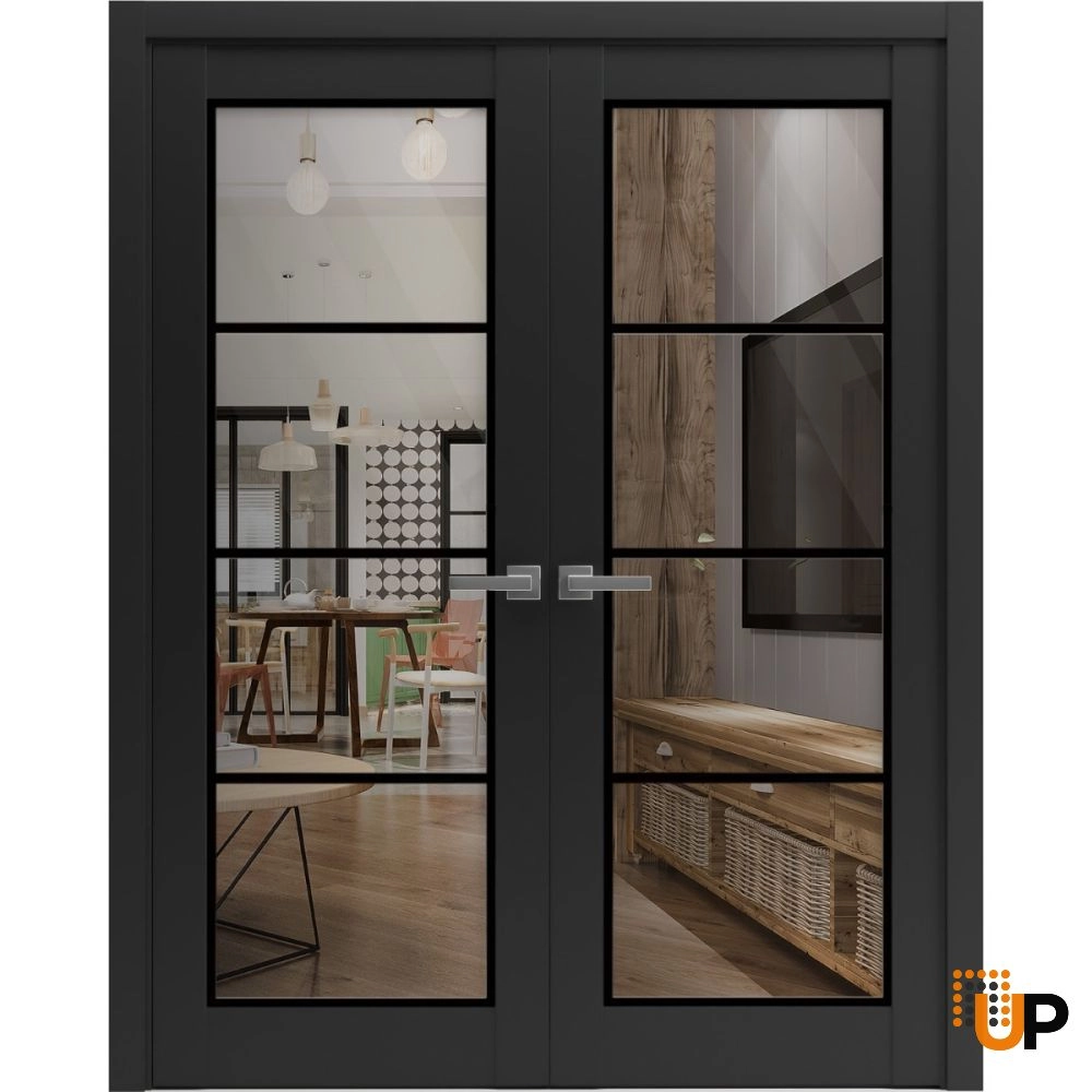Double solid core french interior swing double door with clear glass | Lucia 2466 Black Matte | 36 x 80 (2* 18x80) photo#1