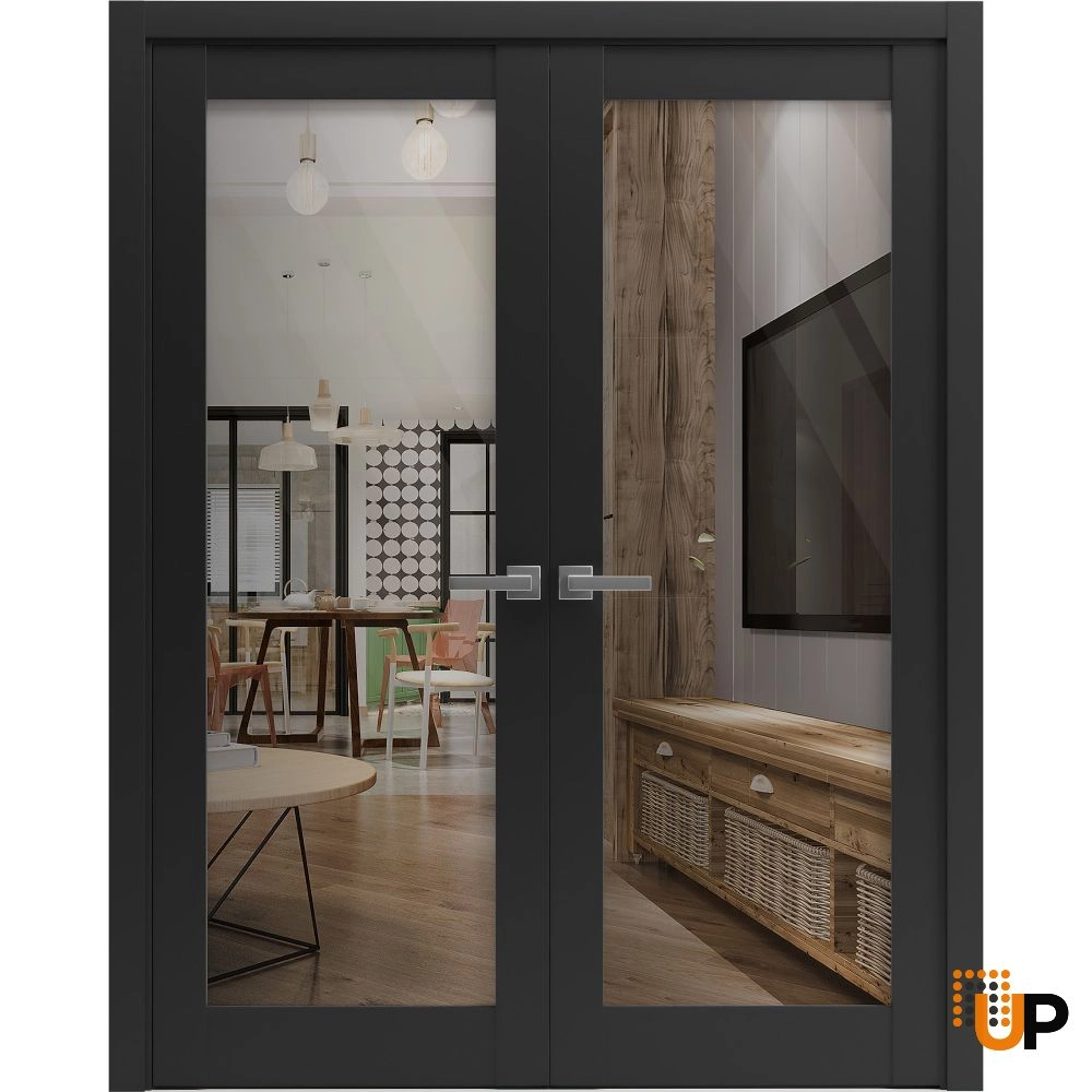 Double solid core french interior swing double door with clear glass | Lucia 2166 Black Matte | 36 x 80 (2* 18x80) photo#1