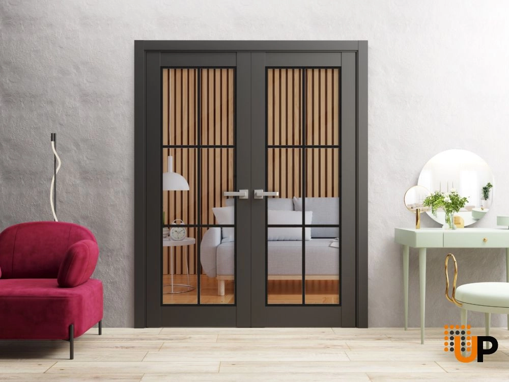 Double solid core french interior swing double door with clear glass | Lucia 2366 Black Matte | 36 x 80 (2* 18x80) photo#2