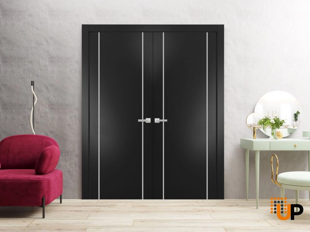 Double solid wood with honeycomb french interior swing double door | Planum 0410 Black Matte | 36 x 80 (2* 18x80) photo#2