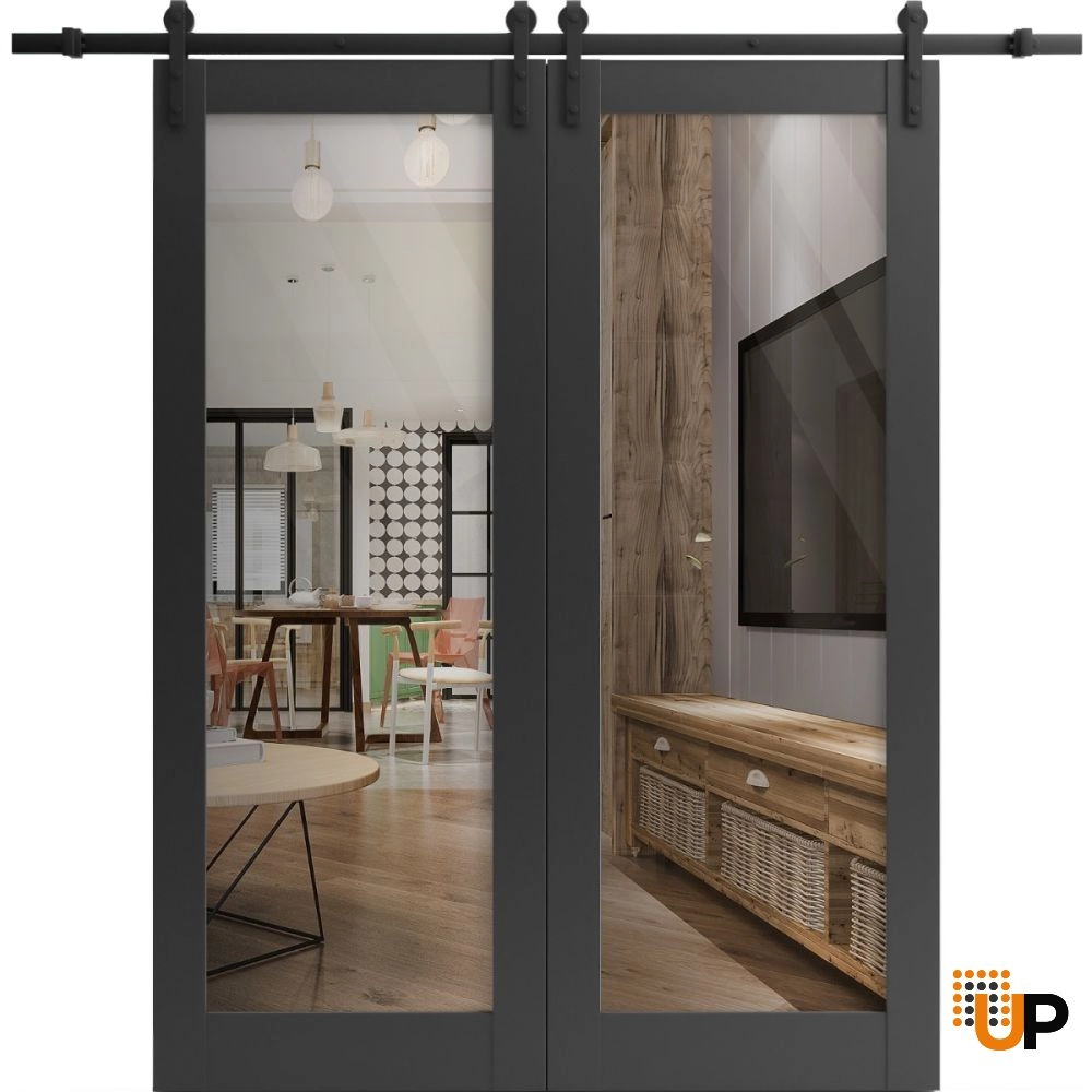 Double solid core sliding french interior barn double door with clear glass | Lucia 2166 Black Matte | 36 x 80 (2* 18x80) photo#1