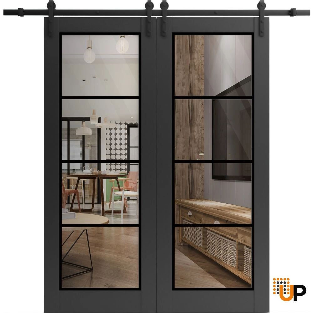 Double solid core sliding french interior barn double door with clear glass | Lucia 2466 Black Matte | 36 x 80 (2* 18x80) photo#1
