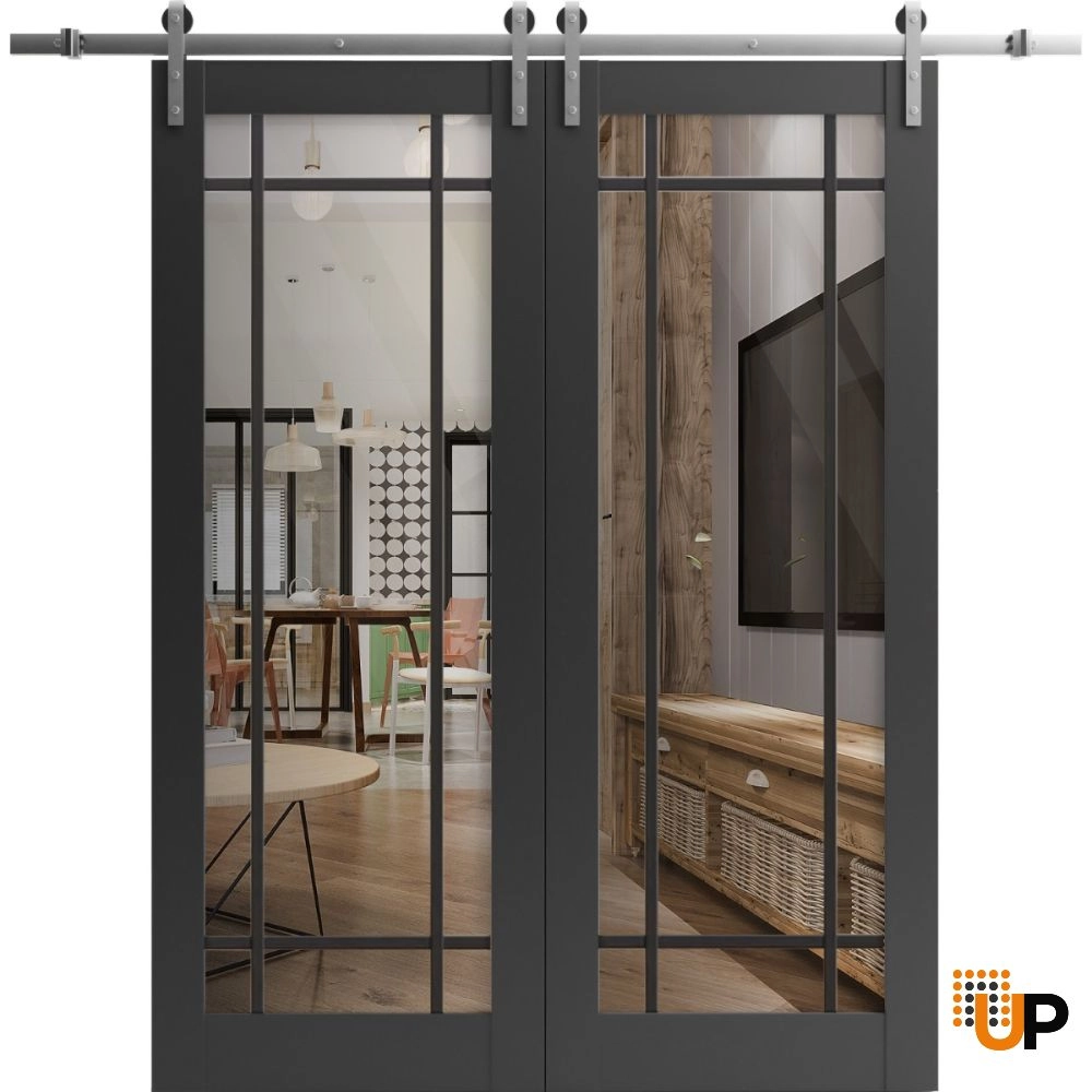 Double solid core sliding french interior barn double door with clear glass | Lucia 2266 Black Matte | 36 x 80 (2* 18x80) photo#1