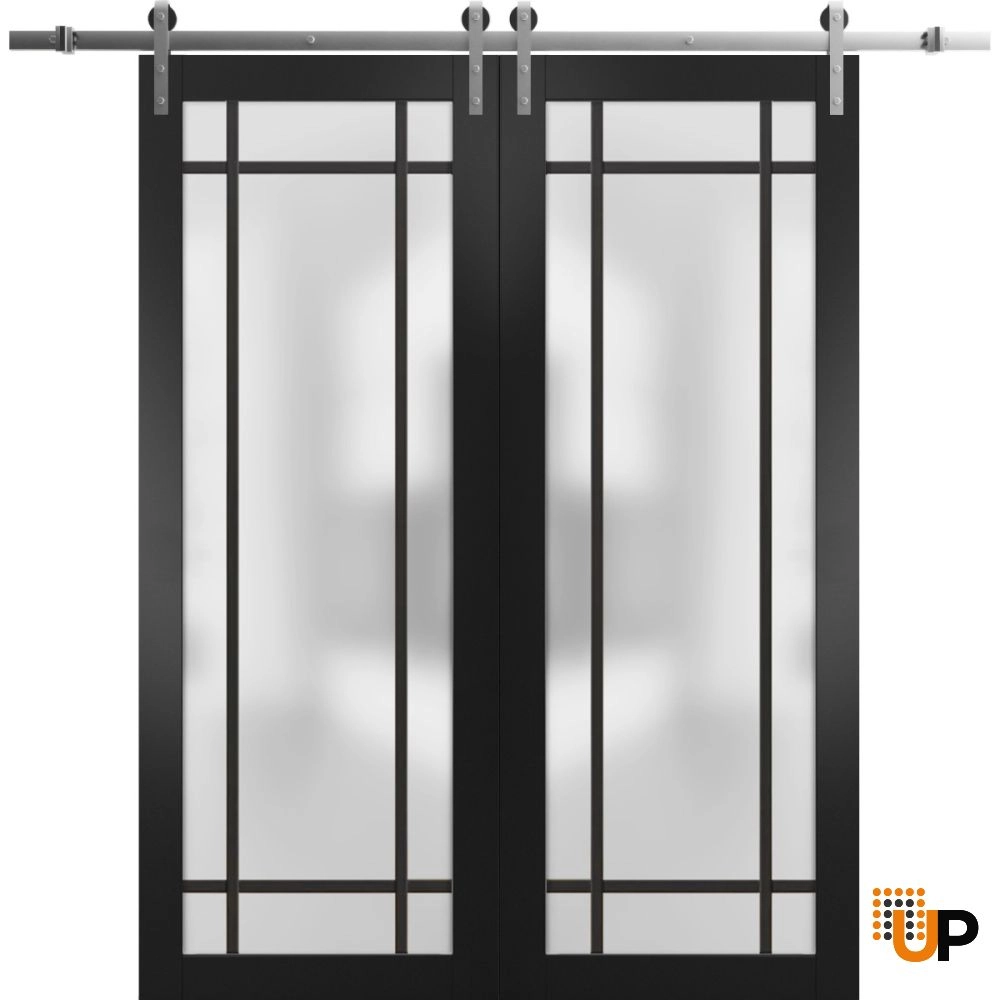 Double solid core sliding french interior barn double door with frosted glass | Planum 2112 Black Matte | 36 x 80 (2* 18x80) photo#1