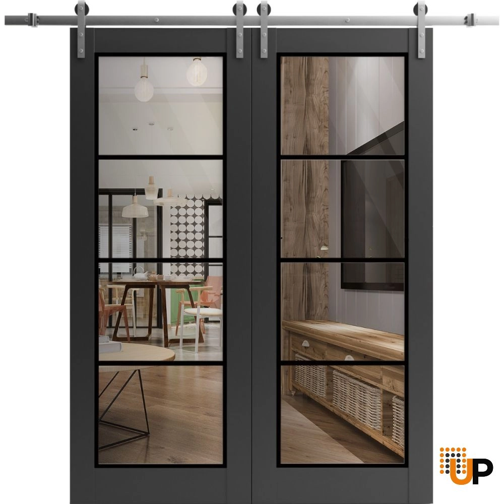 Double solid core sliding french interior barn double door with clear glass | Lucia 2466 Black Matte | 36 x 80 (2* 18x80) photo#1