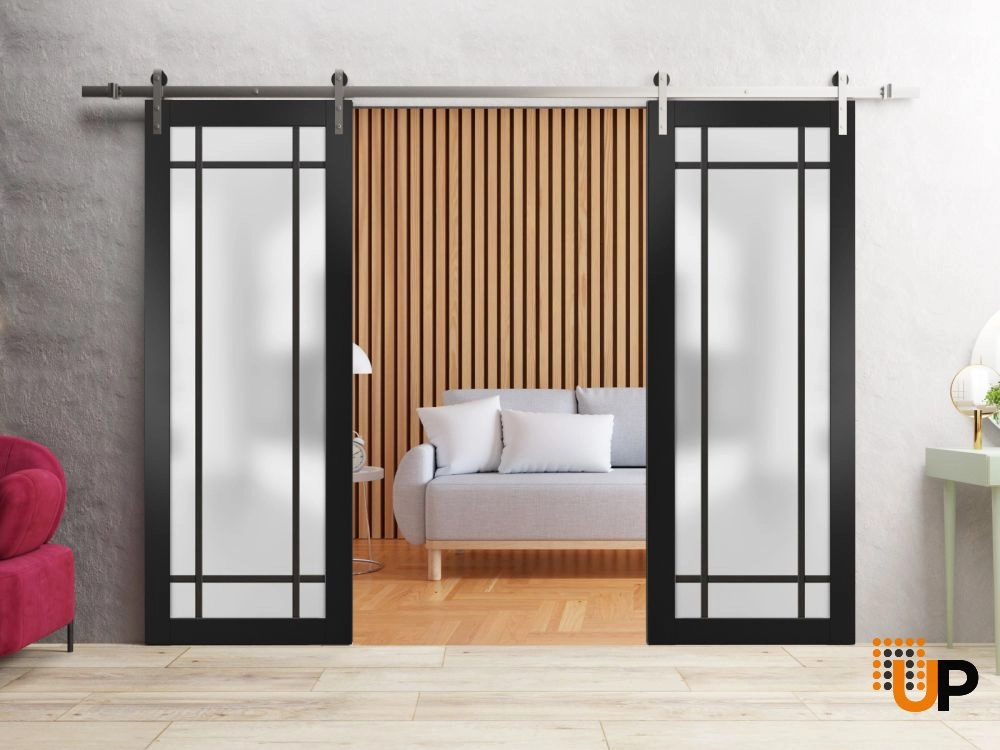 Double solid core sliding french interior barn double door with frosted glass | Planum 2112 Black Matte | 36 x 80 (2* 18x80) photo#2