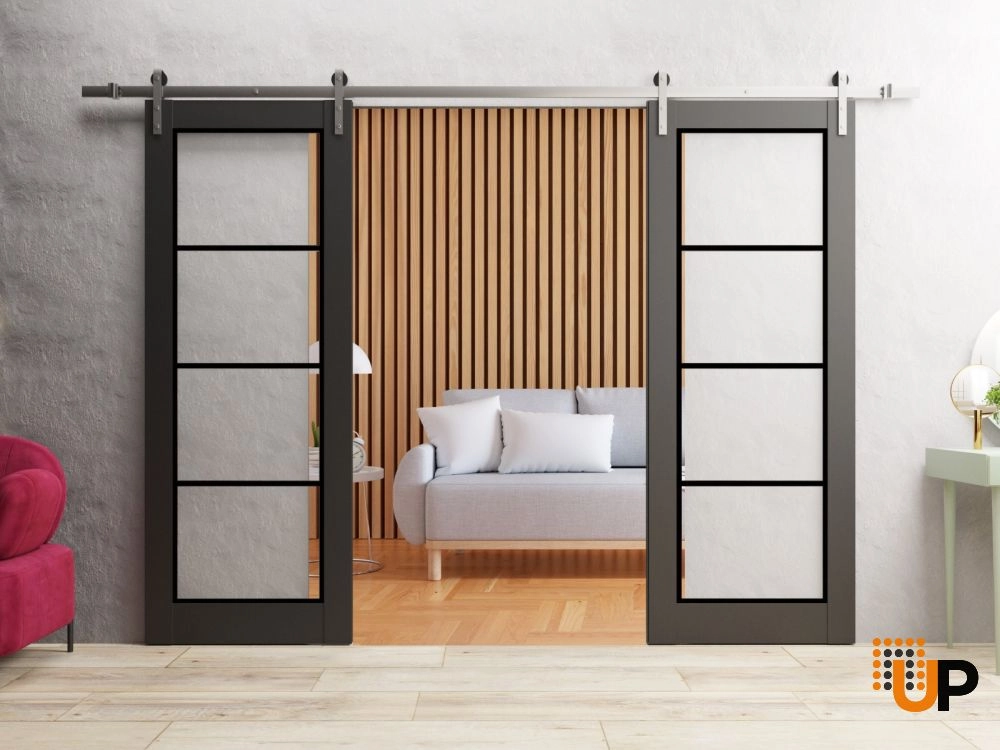 Double solid core sliding french interior barn double door with clear glass | Lucia 2466 Black Matte | 36 x 80 (2* 18x80) photo#2