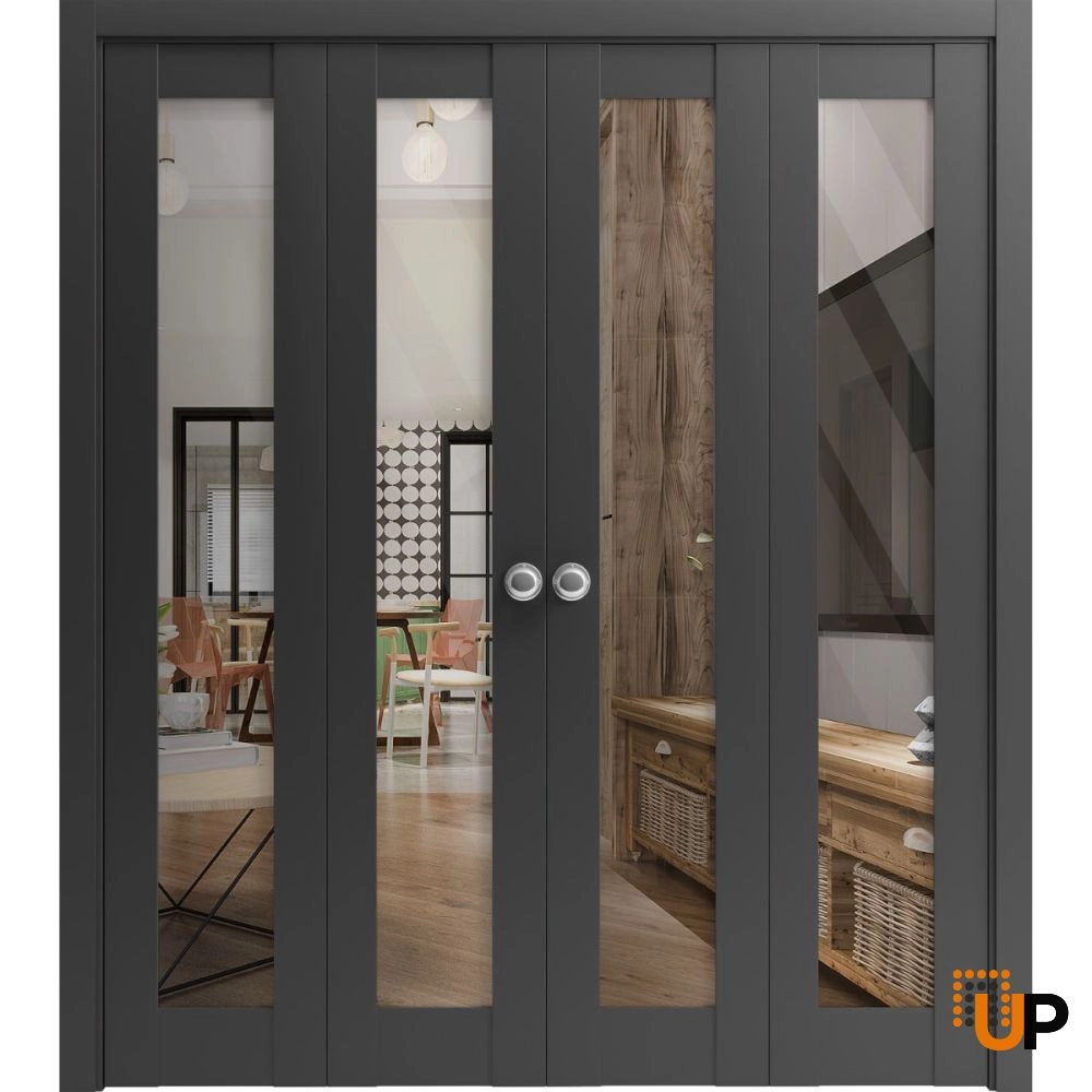 4 folding panels solid core sliding french interior bi-fold double door with clear glass | Lucia 2166 Black Matte | 72 x 80 (4* 18x80) photo#1