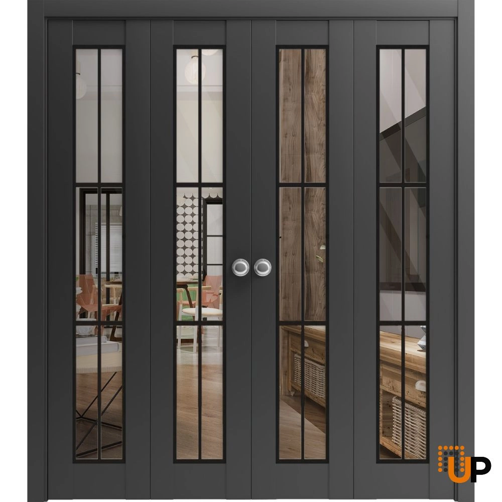 4 folding panels solid core sliding french interior bi-fold double door with clear glass | Lucia 2366 Black Matte | 72 x 80 (4* 18x80) photo#1