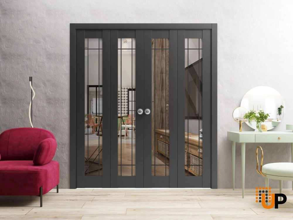 4 folding panels solid core sliding french interior bi-fold double door with clear glass | Lucia 2266 Black Matte | 72 x 80 (4* 18x80) photo#2