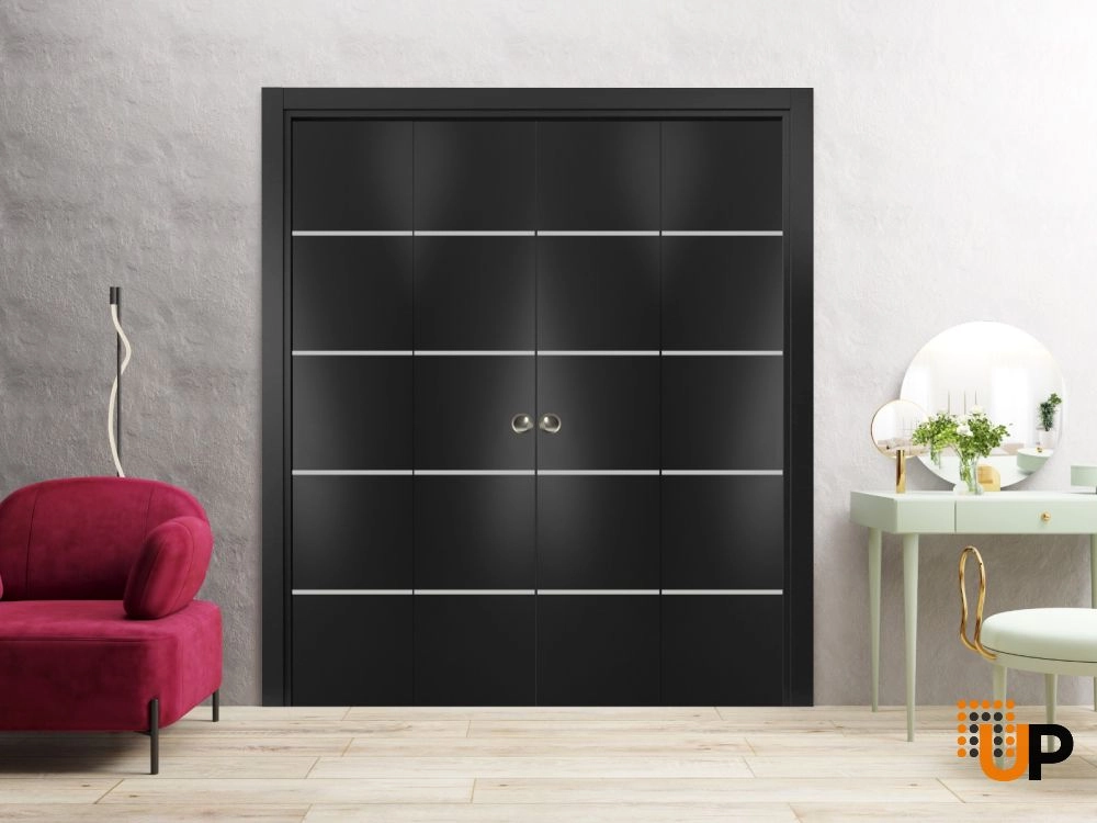4 folding panels solid wood with honeycomb sliding modern interior bi-fold double door | Planum 0210 Black Matte | 72 x 80 (4* 18x80) photo#2