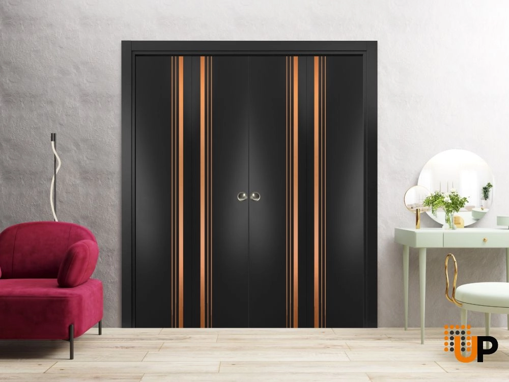 4 folding panels solid wood with honeycomb sliding modern interior bi-fold double door | Planum 1010 Black Matte | 72 x 80 (4* 18x80) photo#2
