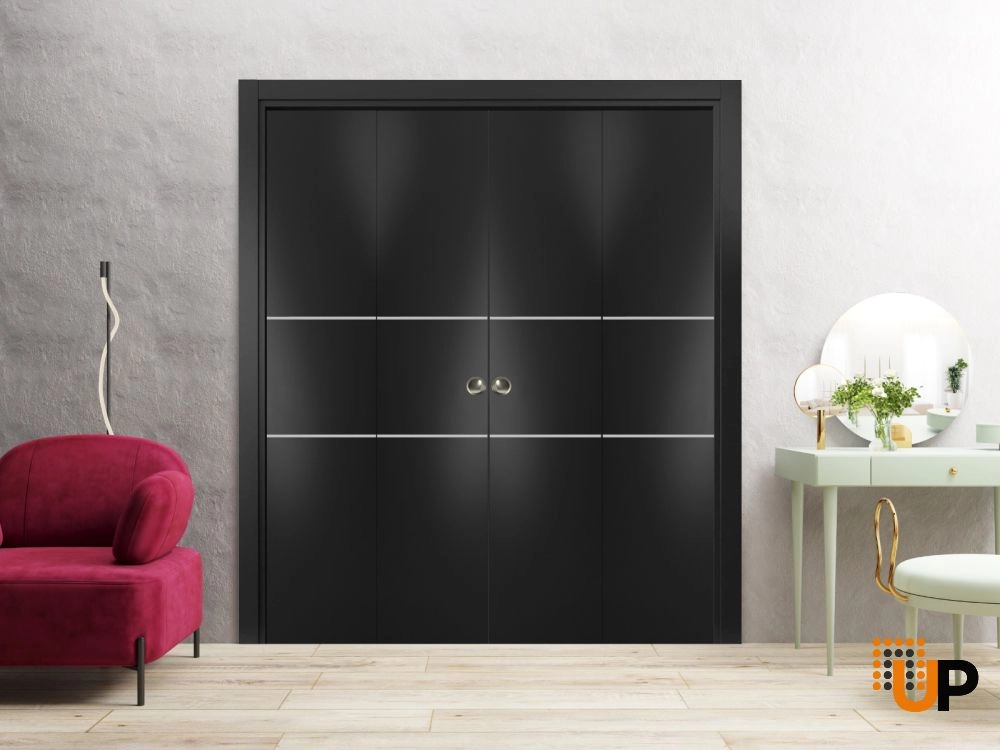4 folding panels solid wood with honeycomb sliding modern interior bi-fold double door | Planum 0110 Black Matte | 72 x 80 (4* 18x80) photo#2
