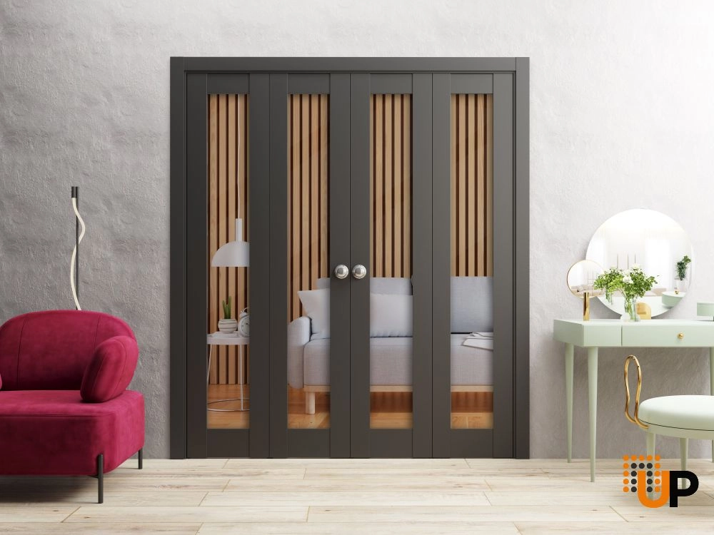 4 folding panels solid core sliding french interior bi-fold double door with clear glass | Lucia 2166 Black Matte | 72 x 80 (4* 18x80) photo#3