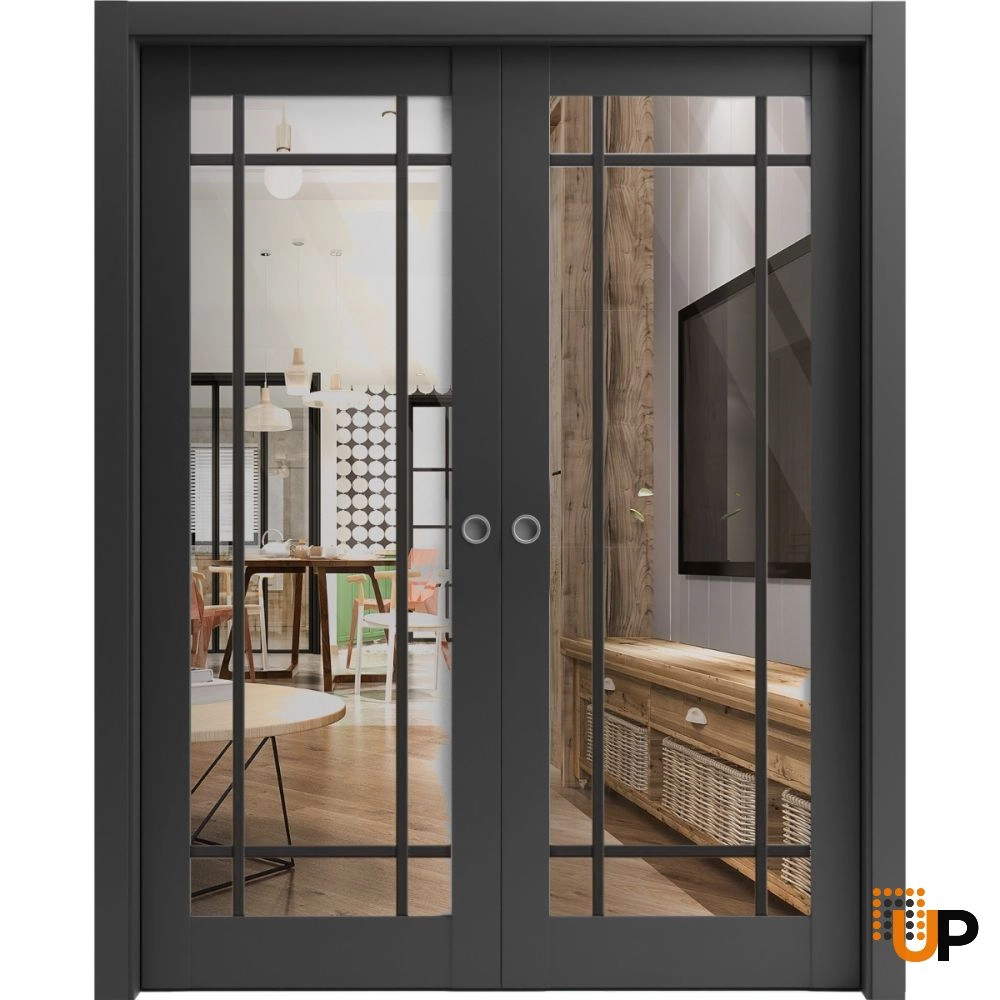 Double solid core sliding french interior pocket double door with clear glass | Lucia 2266 Black Matte | 36 x 80 (2* 18x80) photo#1