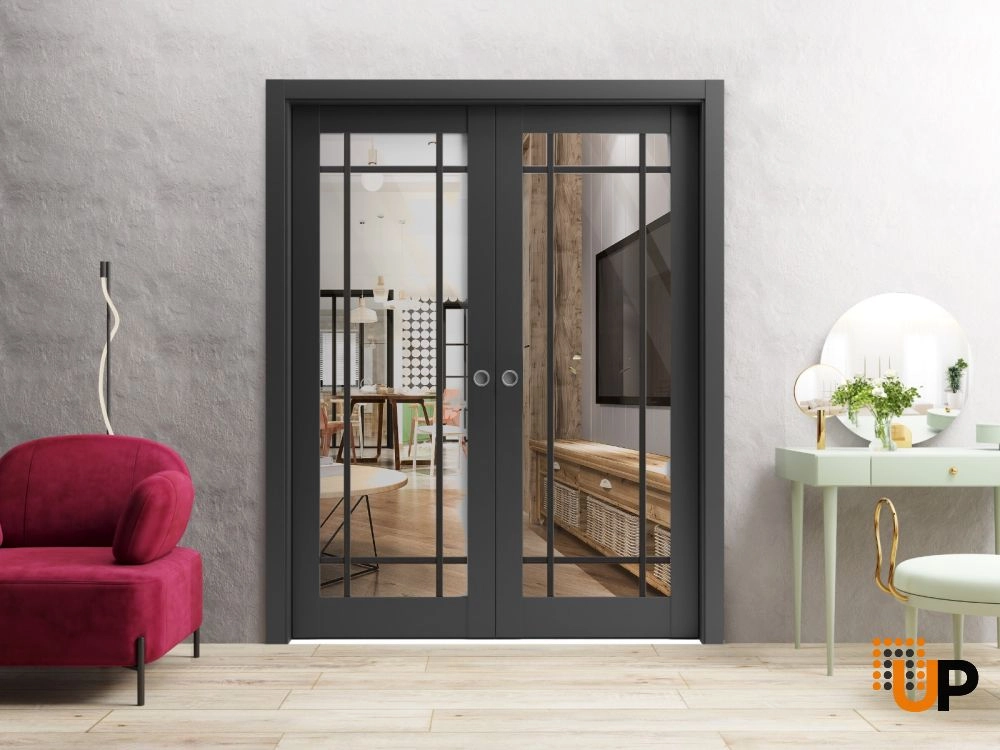 Double solid core sliding french interior pocket double door with clear glass | Lucia 2266 Black Matte | 36 x 80 (2* 18x80) photo#2