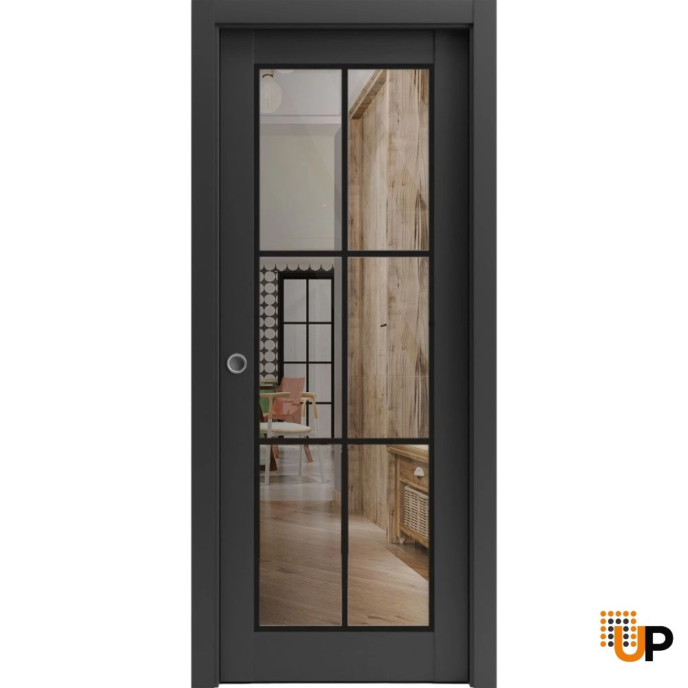 Single solid core sliding luxury interior pocket door with clear glass | Lucia 2366 Black Matte | 18 x 80 photo#1