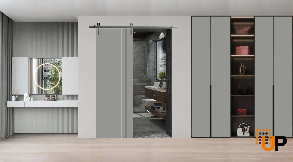 Single solid wood with honeycomb sliding interior barn door | Basic 0111 Grey | 18 x 80 photo#2