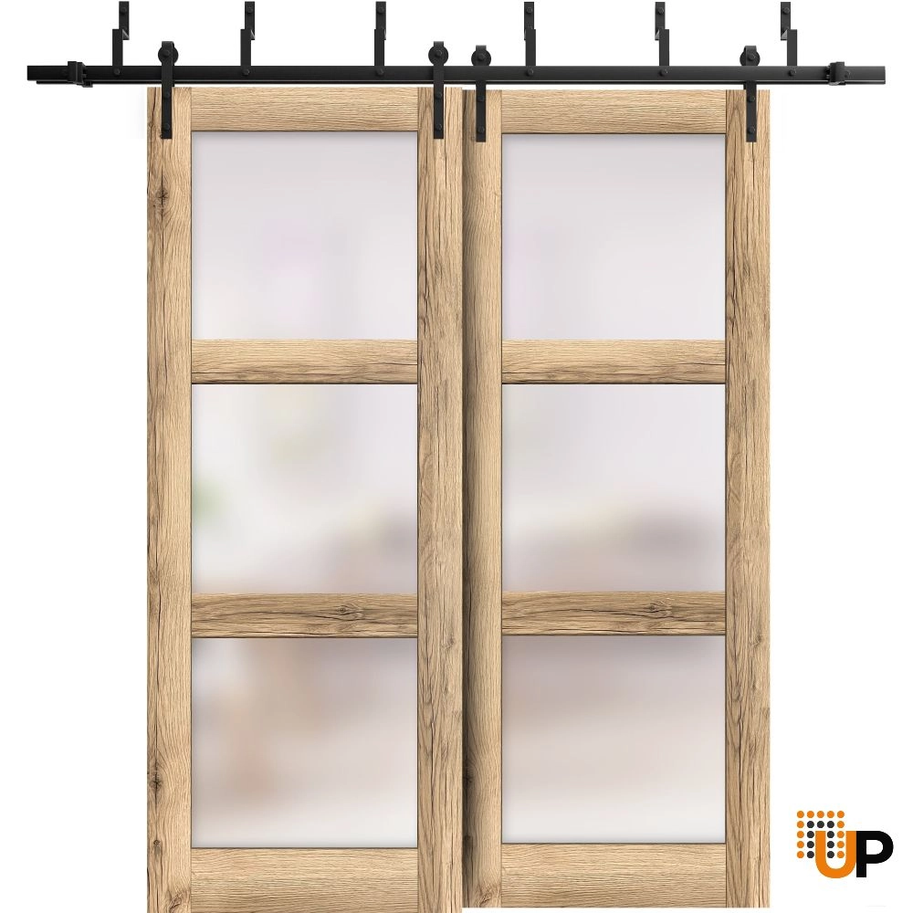 Double solid core sliding luxury interior barn bypass door with frosted glass | Lucia 2552 Oak | 36 x 80 (2* 18x80) photo#1