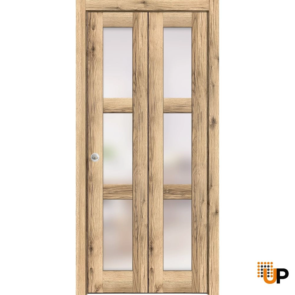 2 folding panels solid core sliding french interior bi-fold door with frosted glass | Lucia 2552 Oak | 36 x 80 (2* 18x80) photo#1