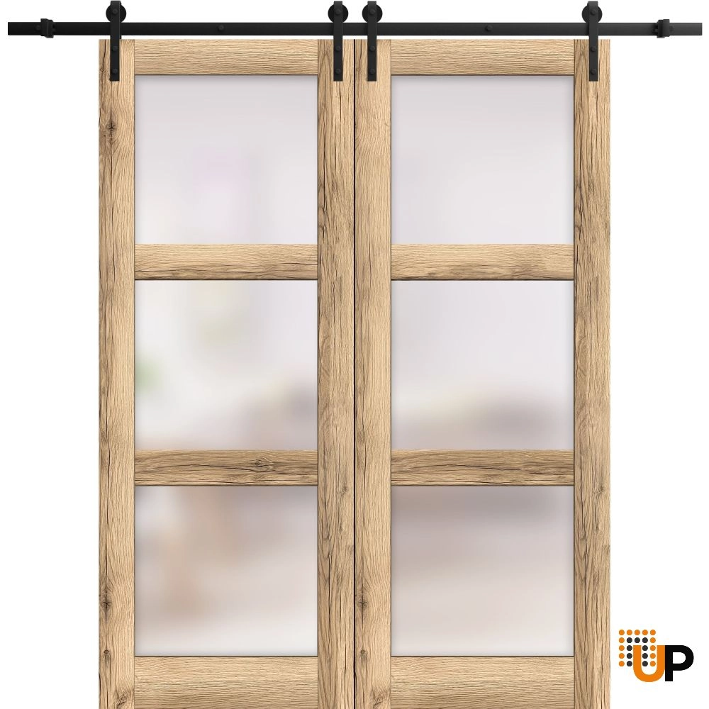 Double solid core sliding french interior barn double door with frosted glass | Lucia 2552 Oak | 36 x 80 (2* 18x80) photo#1