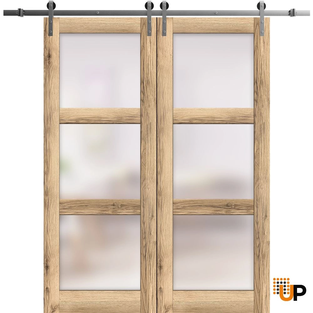 Double solid core sliding french interior barn double door with frosted glass | Lucia 2552 Oak | 36 x 80 (2* 18x80) photo#1